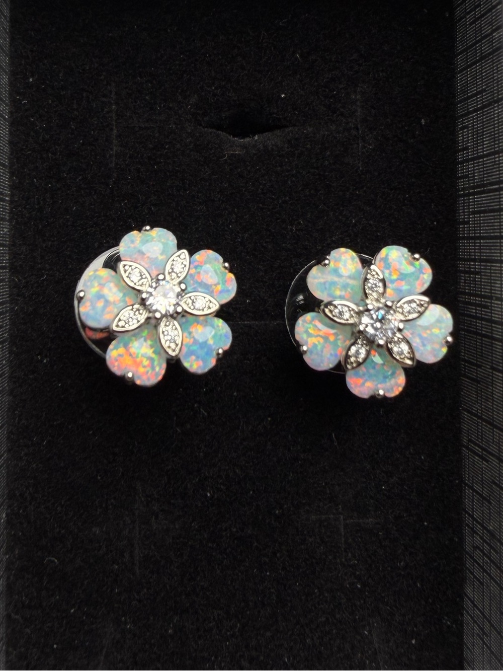 Natural Opal Flower Cluster Stud Earrings White Sapphire Sterling Silver 14.3mm
